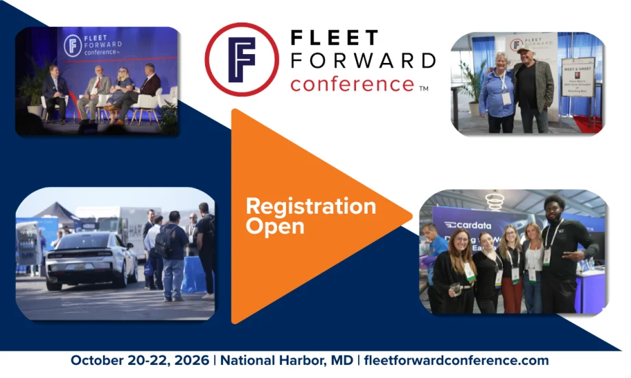 Collage of Fleet Forward Conference photos and Registration Open wording