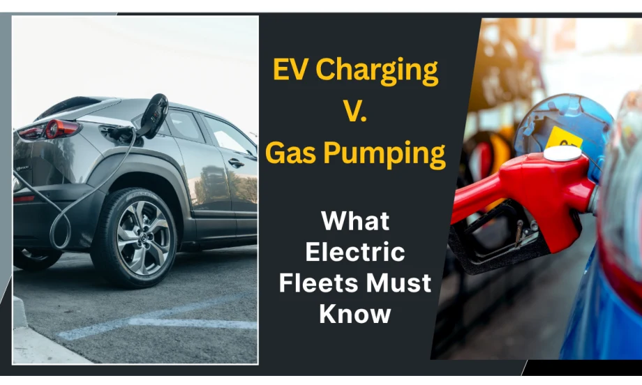 Photo illustration of a gray hatchback EV charging and a gas vehicle filling up.