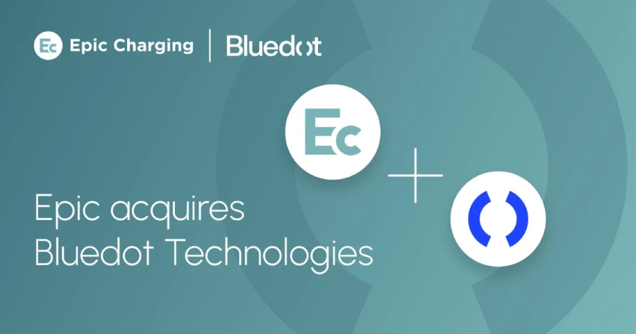 Graphic announcing Epic Charging’s acquisition of Bluedot Technologies to expand EV fleet charging management and payment platform services.