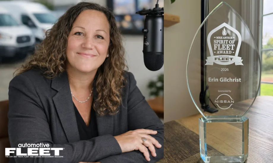 Erin Gilchrist poses next a podcast mic on the left side of an image with the Mike Antich Apirit of Fleet award image on the right.