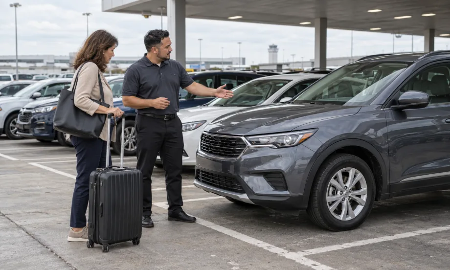 Rental car agent shows woman her choice of rental car
