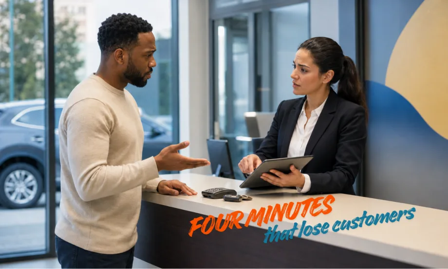 A counter agent chats with a customer over a rental counter