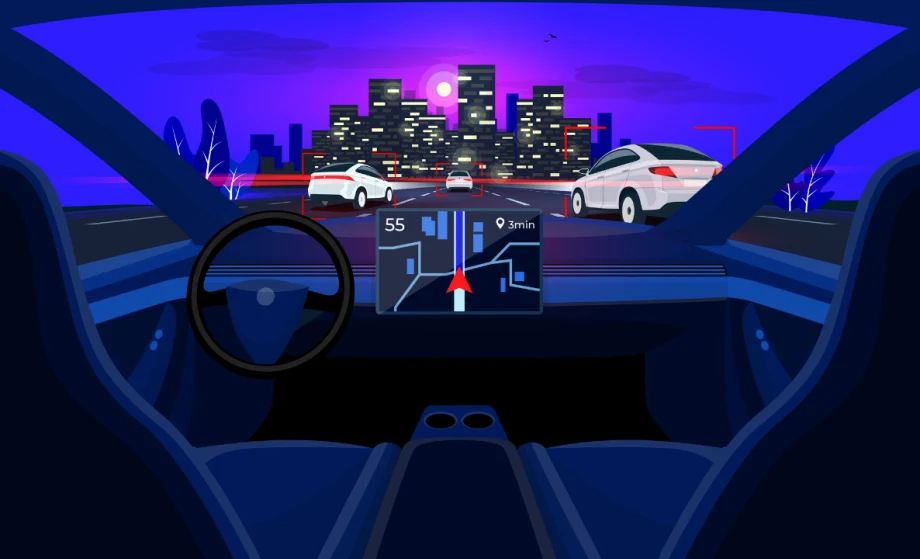 Illustration of a driverless futuristic front seat/dashboard view of other cars on a freeway with city skyline on horizon.