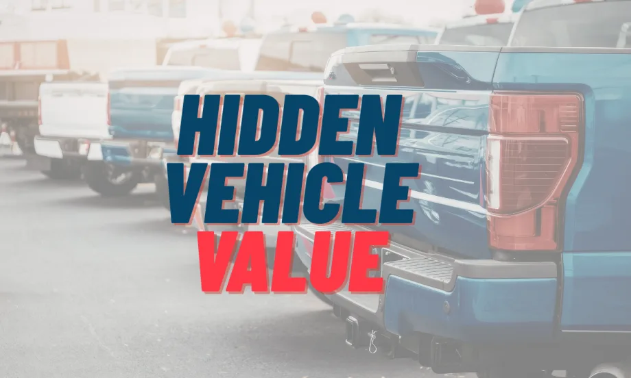 Pickup trucks in a row with overlay "Hidden Vehicle Value"
