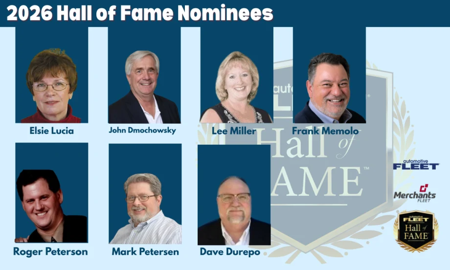 Graphic featuring the seven 2026 Fleet Hall of Fame nominees: Elsie Lucia, John Dmochowsky, Lee Miller, Frank Memolo, Roger Peterson, Mark F. Petersen, and Dave Durepo.