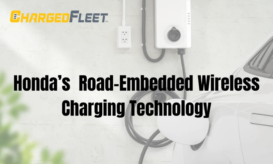 A transparent background of a wireless EV charger with black text over it in the center and the Charged Fleet logo in the top left