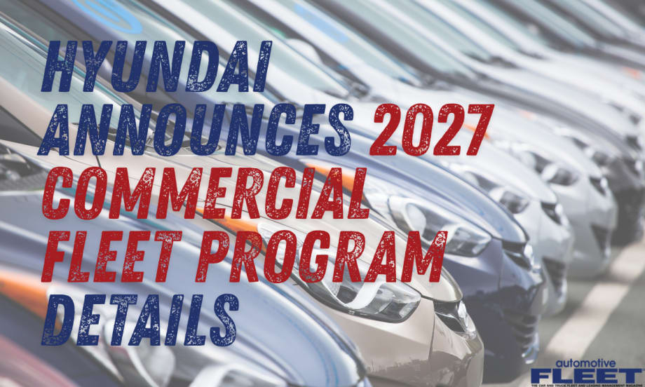 A lineup of Hyundai vehicles with overlay text announcing the 2027 Commercial Fleet Program, highlighting new fleet incentives for eligible commercial and government buyers.