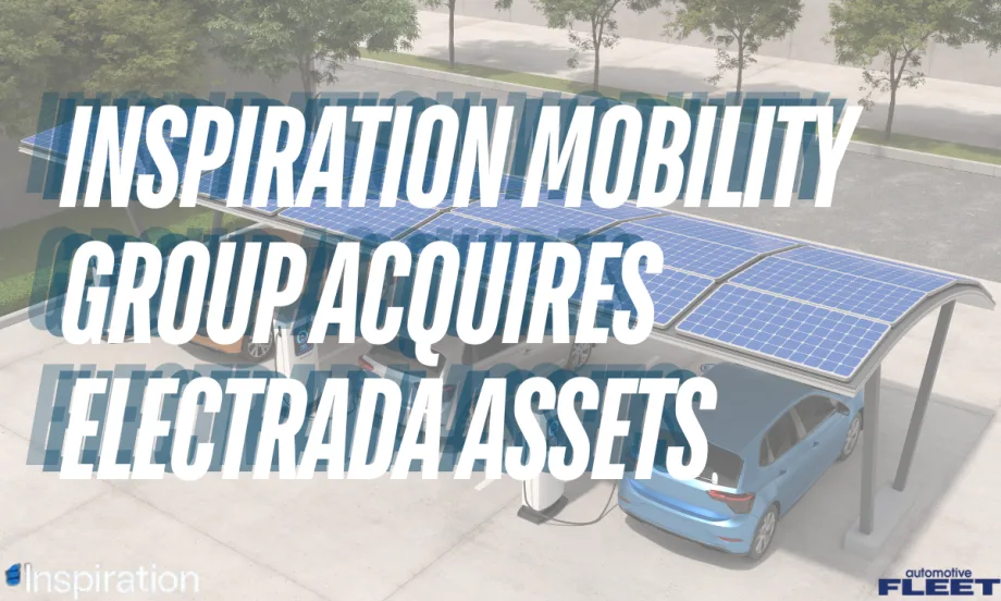 Rendering of electric vehicles charging beneath a solar-panel canopy, illustrating Inspiration Mobility Group’s acquisition of Electrada assets to expand commercial fleet electrification services.