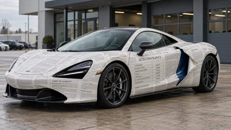 an exotic car wrapped in an insurance policy