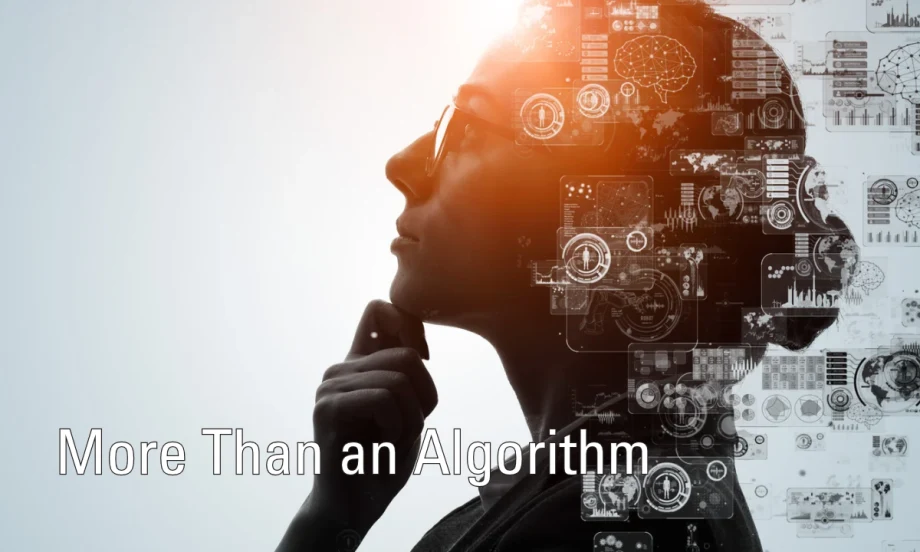 a woman with glasses and More Than an Algorithm text overlay