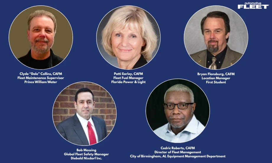 Composite graphic featuring portraits of NAFA’s 2026 Fellows: Clyde “Dale” Collins, Patti Earley, Bryan Flansburg, Bob Mossing and Cedric Roberts, recognized for fleet leadership and service.