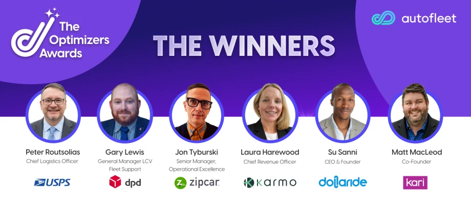 Graphic announcing the 2026 Autofleet Optimizers Awards winners, featuring headshots of leaders from USPS, DPD UK, Zipcar, Karmo, Dollaride, and Kari Ride Hailing.