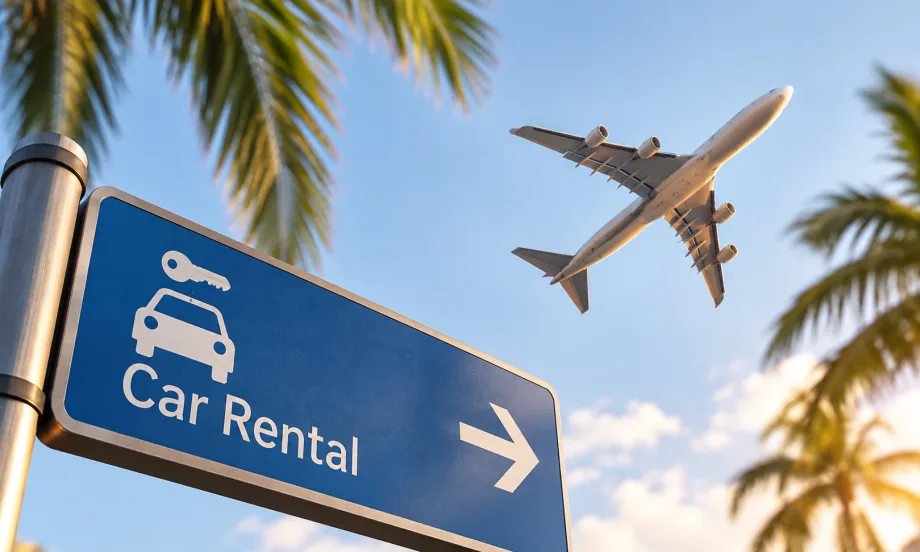 plane, palm trees, car rental sign