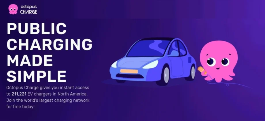 A blue car and a pink octopus sit next to each other on a graphic for Octopus Charging