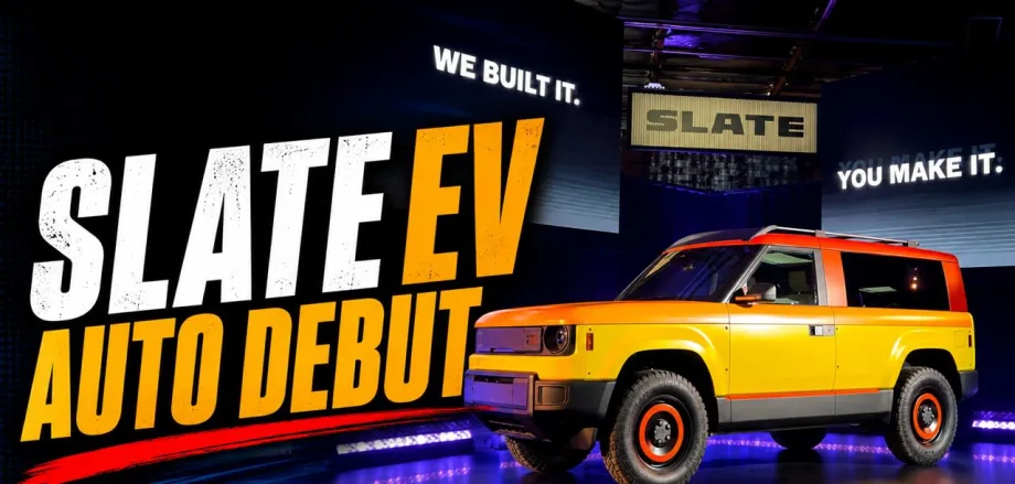A photo illustration with a yellow slate vehicle next to an oversized headline about Slate's debut.