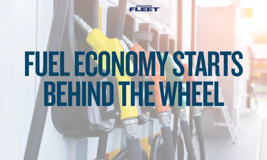 A line of fuel handles at the gas station is overlayed by the text "Fuel Economy Starts Behind the Wheel" representing that fuel saving starts with driver behavior.