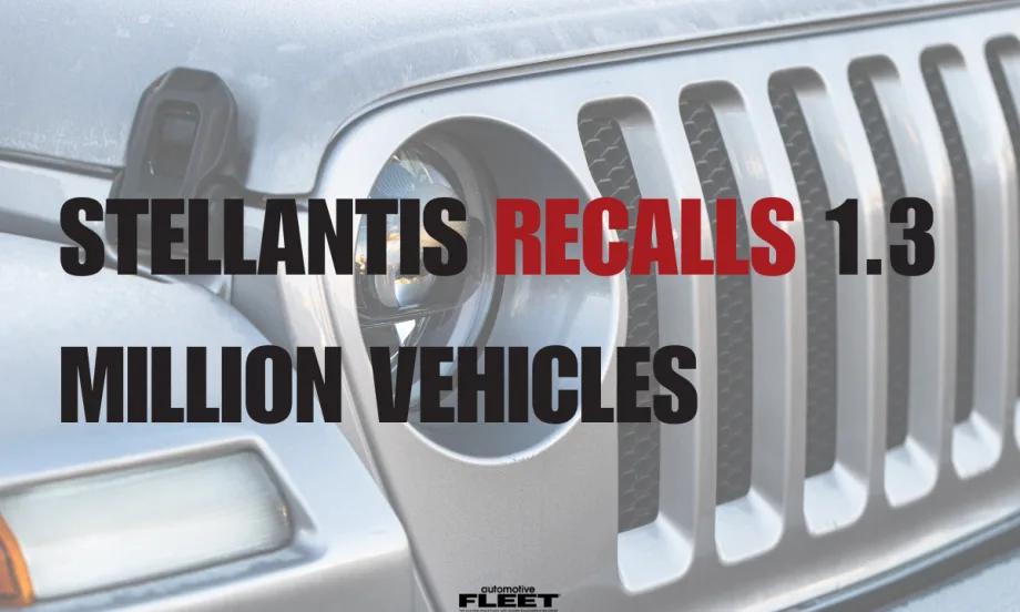 Close-up of a Jeep Wrangler front grille and headlight with text noting Stellantis’ recall of 1.3 million Jeep vehicles worldwide over a potential fire risk tied to power steering wiring.