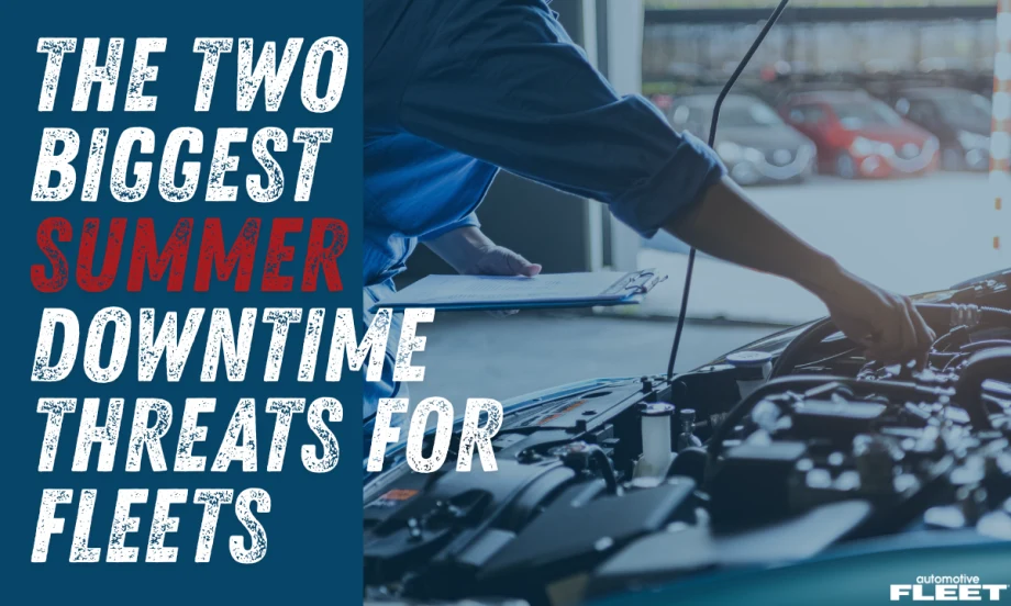 Technician inspecting a vehicle engine during maintenance as fleets prepare for summer heat, focusing on battery health, cooling systems, and preventing downtime.