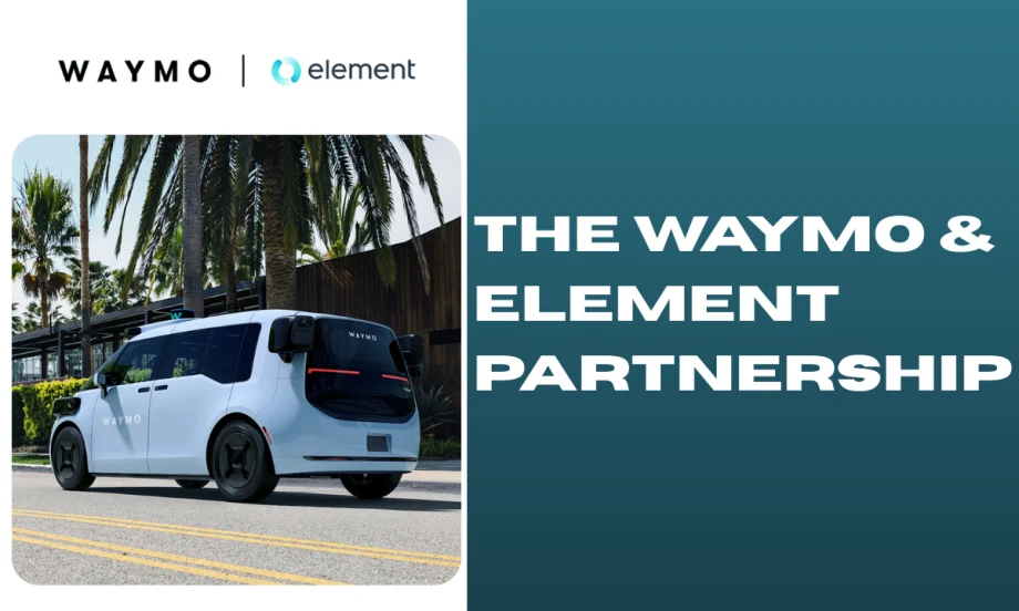 Waymo autonomous vehicle on a city street beside a graphic announcing the Waymo and Element partnership to support large-scale autonomous fleet operations and expansion.