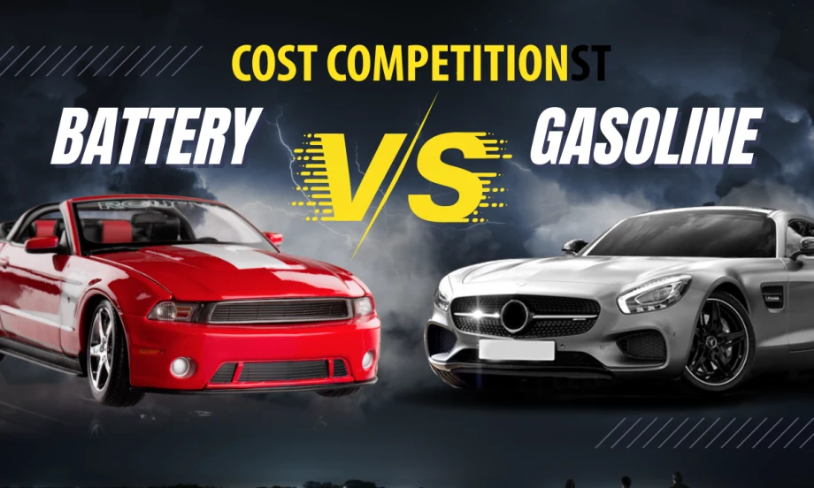 A red electric sports car positioned diagonally against a white gasoline coupe, like two fighters ready for a rivalry.