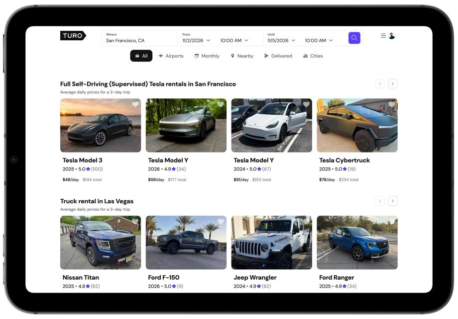 display of Turo's FSD homepage