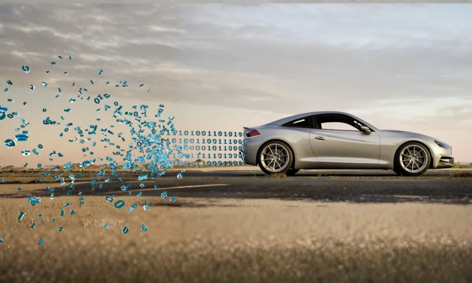 a car's profile, with digital exhaust coming from back