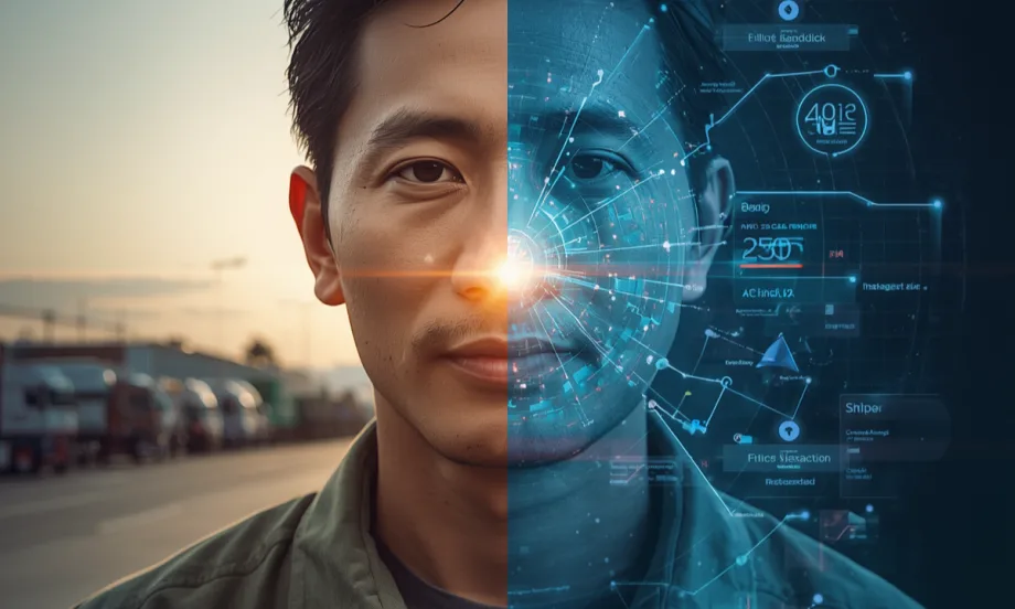 Image of a fleet manager with fleet on left, data on right of his face.