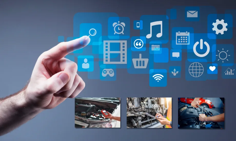 finger touching digital assets with photos of maintenance repairs