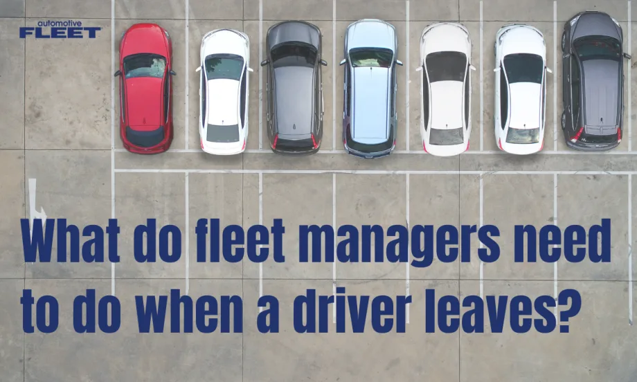 A drone view of seven cars in a gray parking lot with a blue title on the bottom of the image