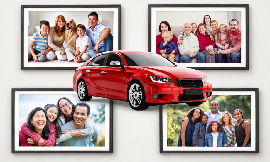Family framed photos and company car in middle