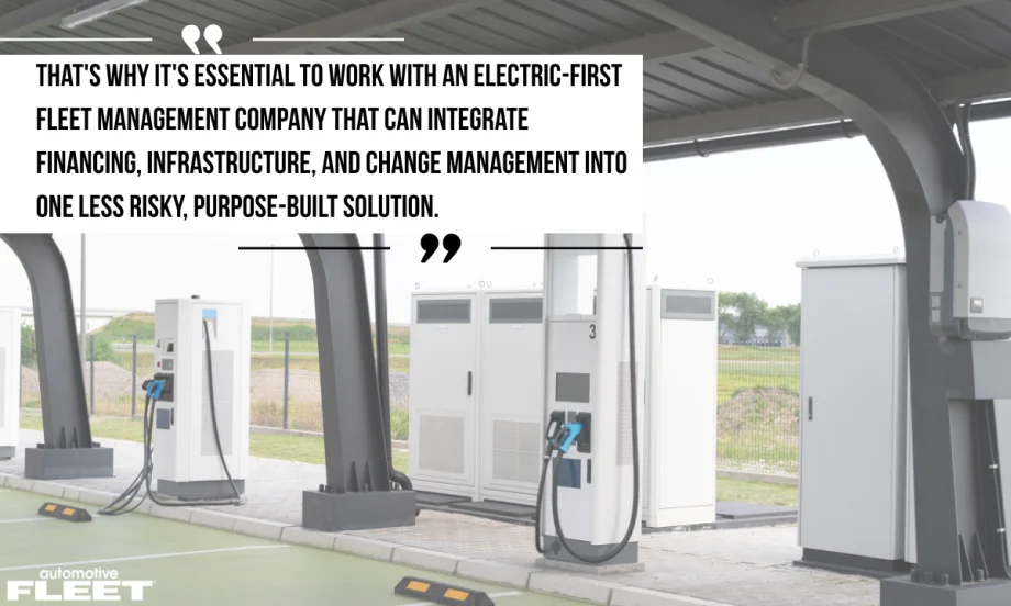 A quote about fleet electrification is laid over a picture of charging stations for hybrid and electric vehicles.