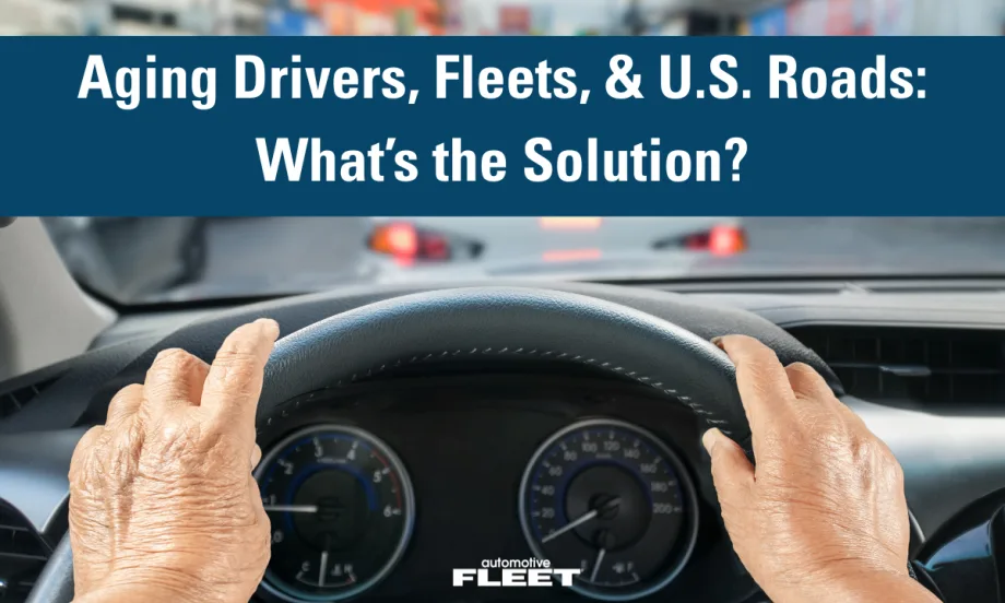 Elderly hands sit on a steering wheel with a caption highlighting safety concerns for elderly drivers.