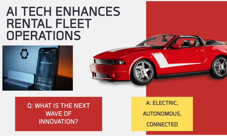 A montage of a red mustang, a smartphone, and colored text boxes about rental fleet technology.