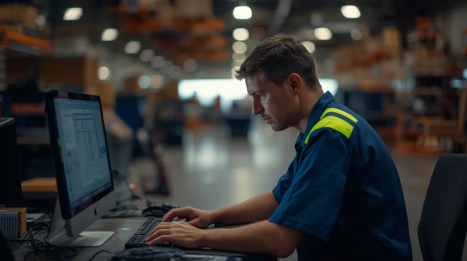 A man looks at a computer with his hands on the keyboard