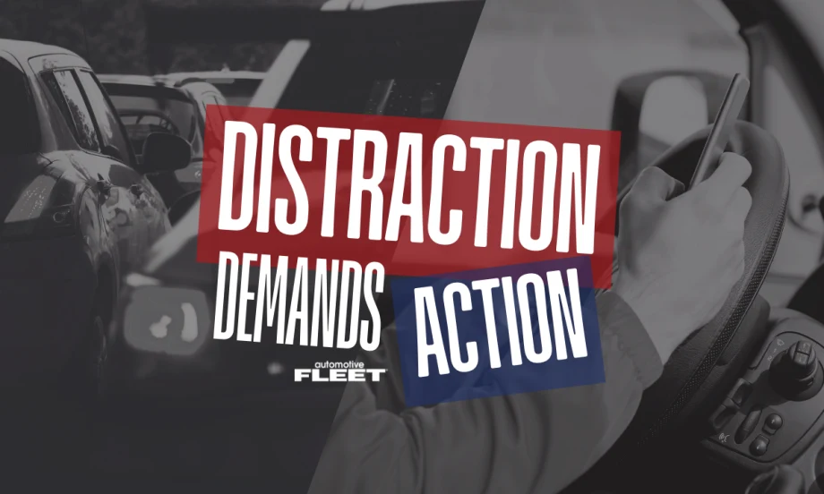 An image of traffic and someone using a mobile phone while driving with text reading "Distraction Demands Action".