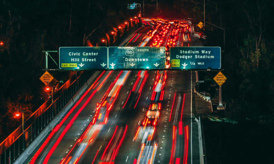 Long exposure of cars driving on a highway in Los Angeles, California.