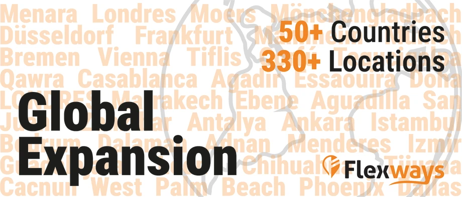 An orange banner photo representing Flexways global reach has the title "Global Expansion" in bold lettering.