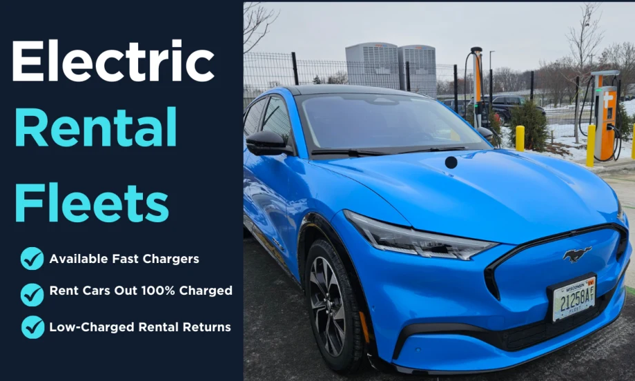 A blue Ford Mustang Mach E pictured next to EV chargers in an illustration.