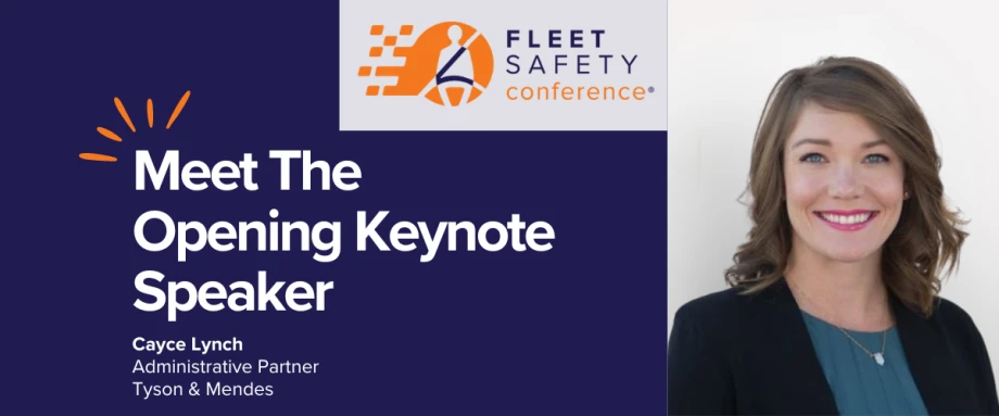 Graphic announcing Cayce Lynch as the opening keynote speaker for the Fleet Safety Conference.
