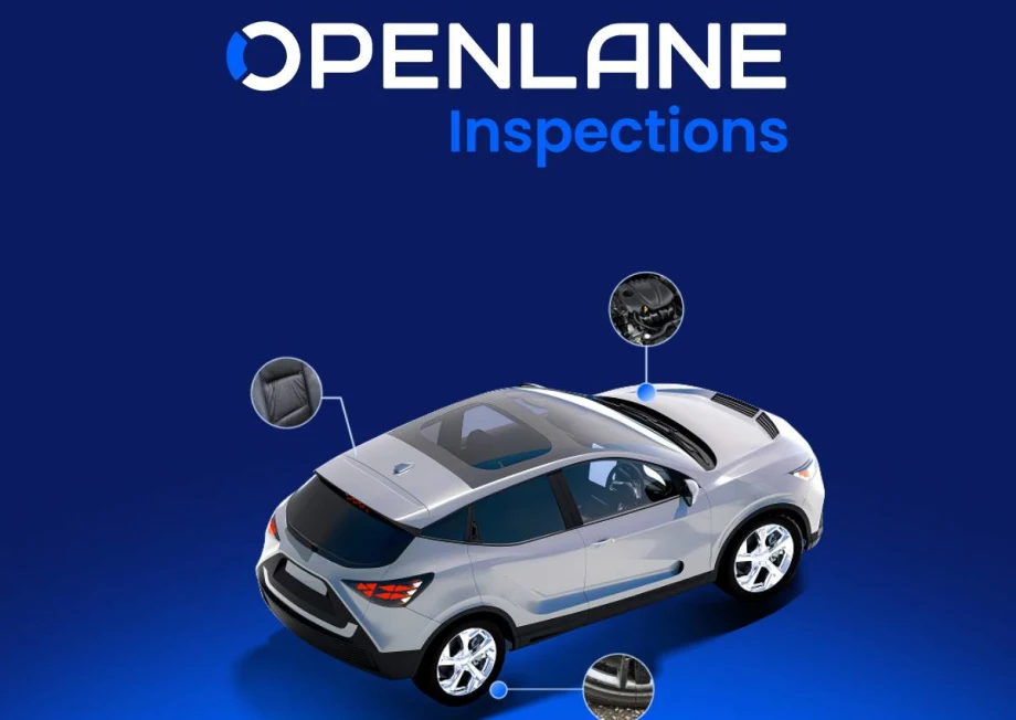 An Openlane logo-photo of a car labeled with technology inspection points.