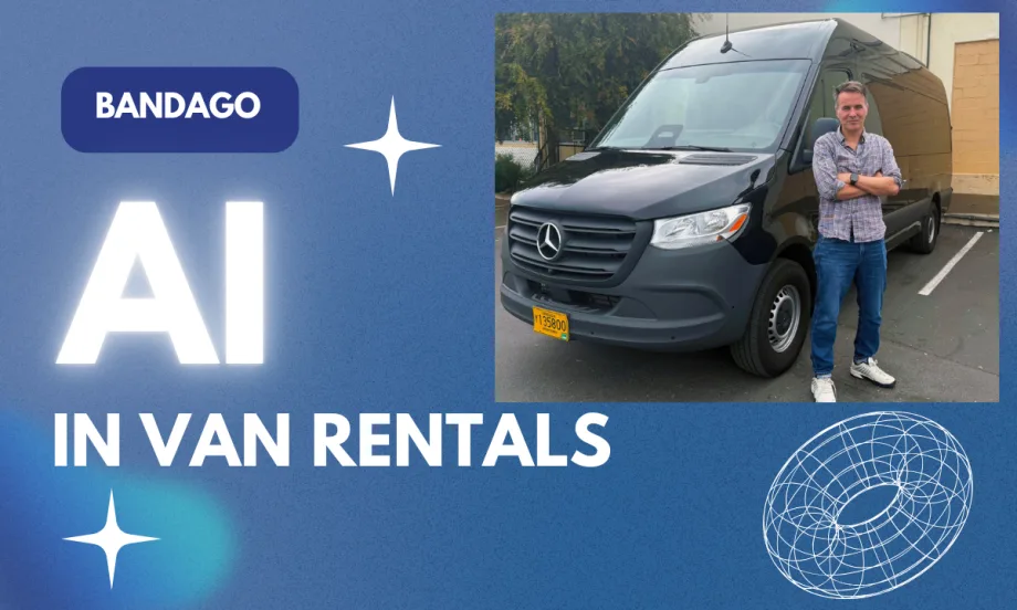 AI graphic with photo of Sharky Laguana in front of a Mercedes Benz Sprinter rental van