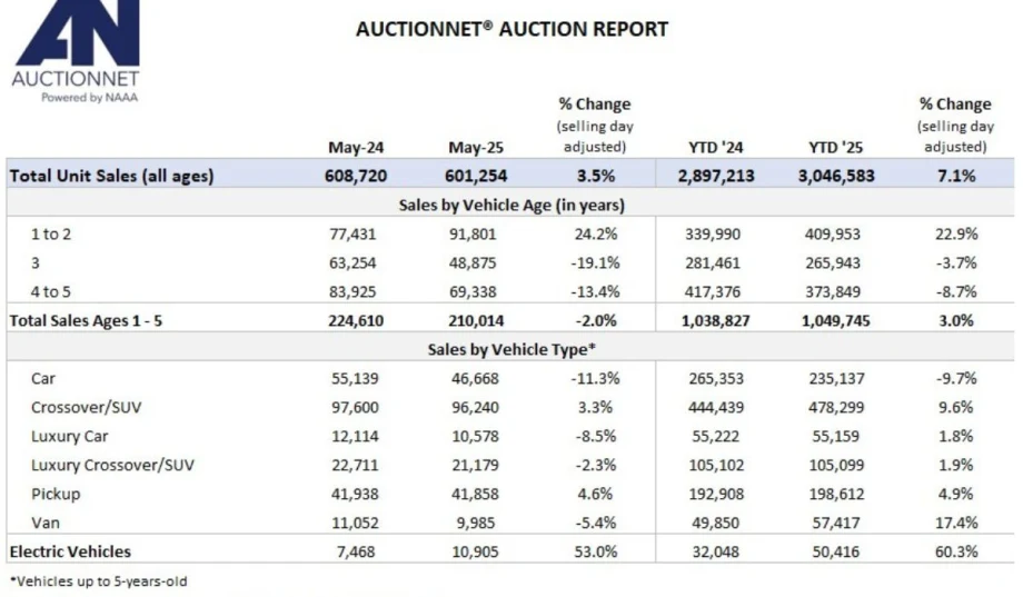 A summary table of auction sales of used vehicles.