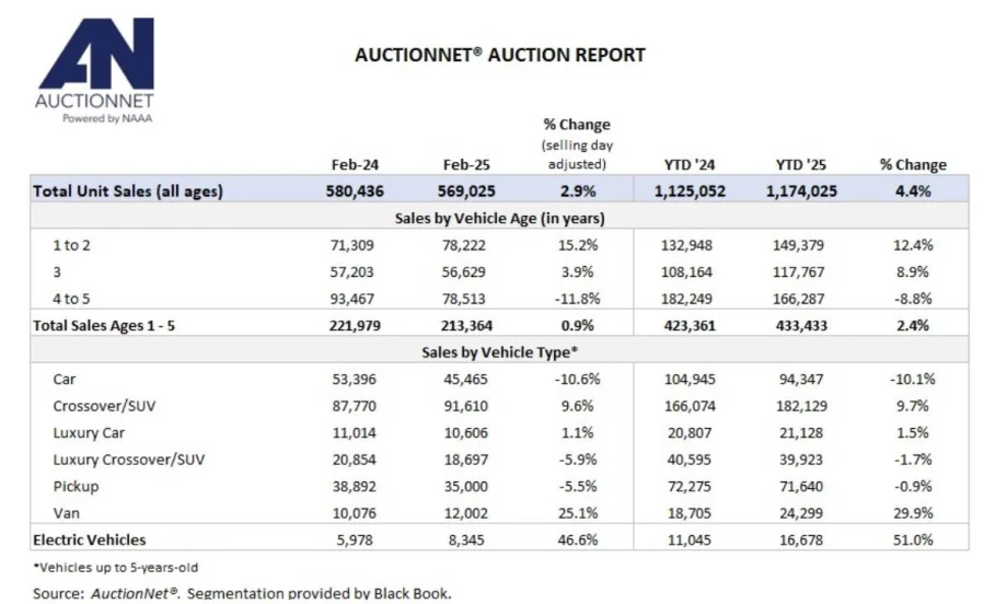 A black and while chart summarizing Feb. 2025 auction vehicle sales.