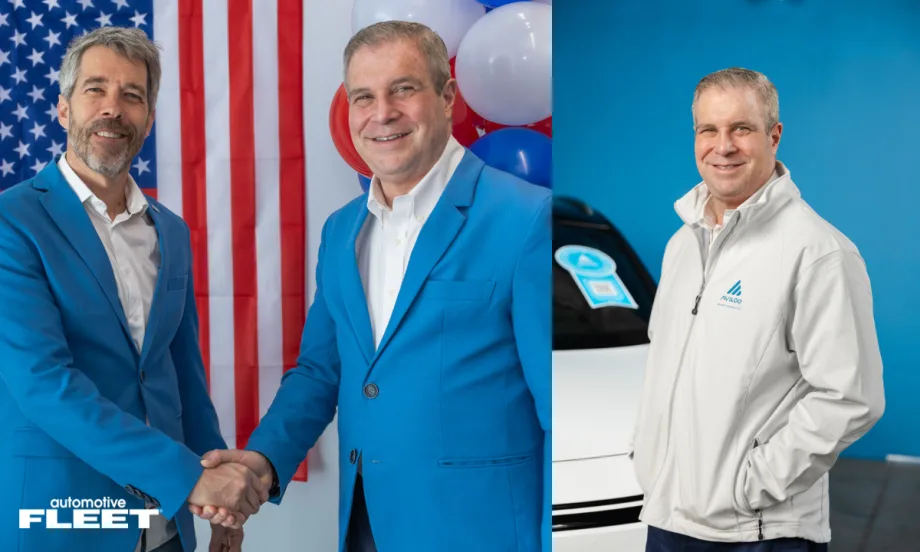 Two business leaders in blue suits shake hands in front of a U.S. flag and balloons, symbolizing AVILOO’s leadership transition and expansion in the North American EV market.
