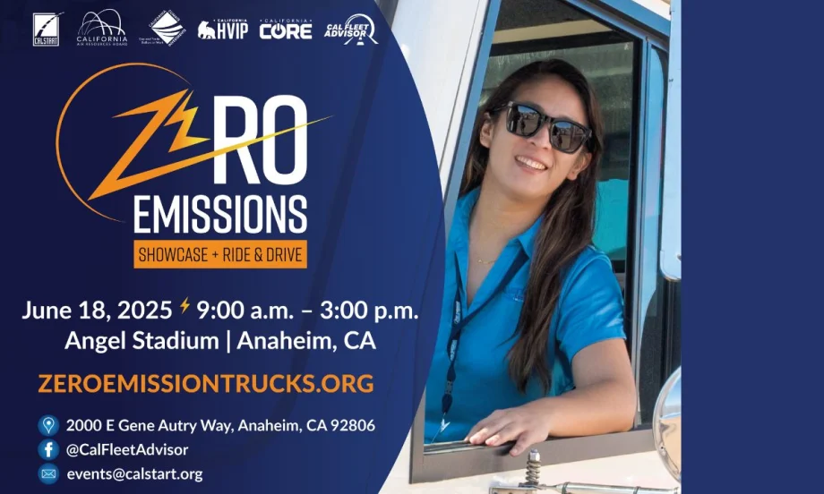 A person in a vehicle wearing sunglasses with text about the zero-emissions showcase and ride-and-drive.