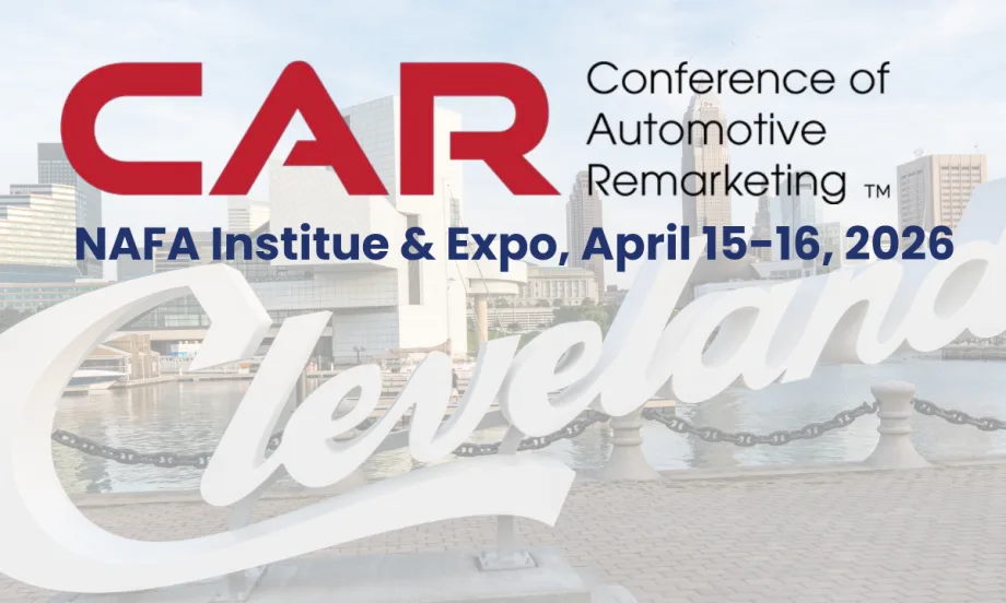 A Conference of Automotive Remarketing graphic sits on a transparent Cleveland background, highlighting the event on April 15-16.