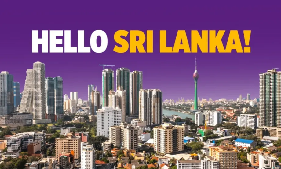 Skyline of Colombo, Sri Lanka with a hello welcome message.