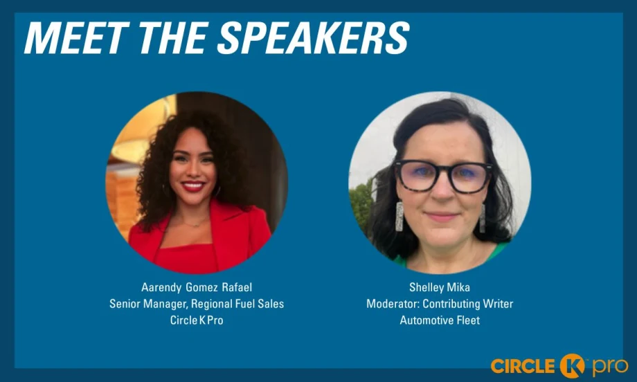 Headshots for the speakers at an August 5 webinar sit against a blue background. "Meet the Speakers sits at the top with their names, Aarendy Gomez Rafael and Shelley Mika, under the photos.