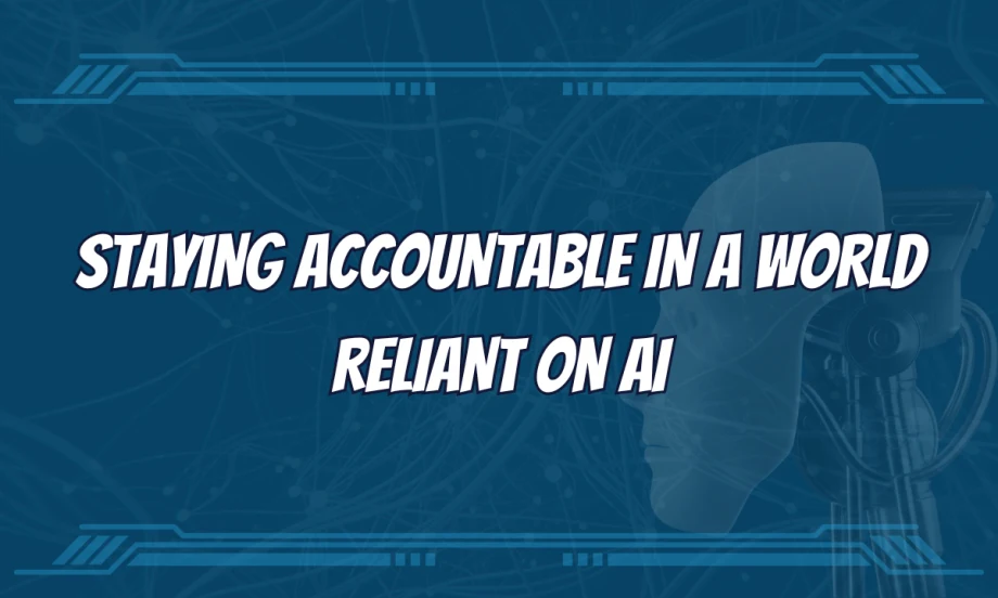 A blue, futuristic graphic warns of the dangers of AI use.