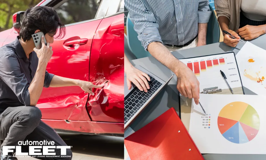 Split image showing a man inspecting a damaged red car while on the phone, alongside a group of professionals reviewing charts and data on fleet safety and performance.